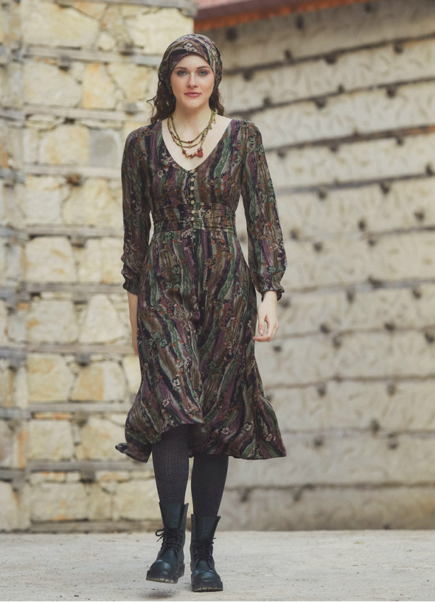 Boho Style Ruffle Sleeve Mink Patterned Dress